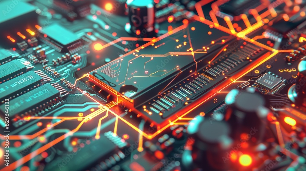 Close-up of a high-tech circuit board with brightly lit pathways and components, showcasing modern electronic technology.