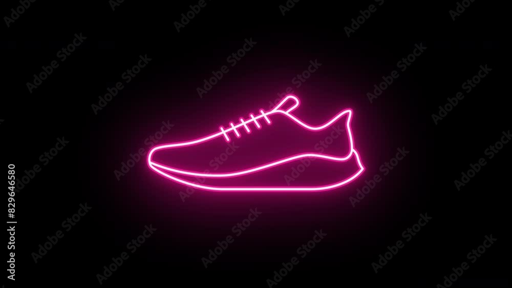 Neon sport shoe icon animation, fast colorful flicker. Glowing neon sneaker sign, looped fast winking animation. Training footwear, running sneaker, fitness and gym, sport shop. Sequence of 9 colors