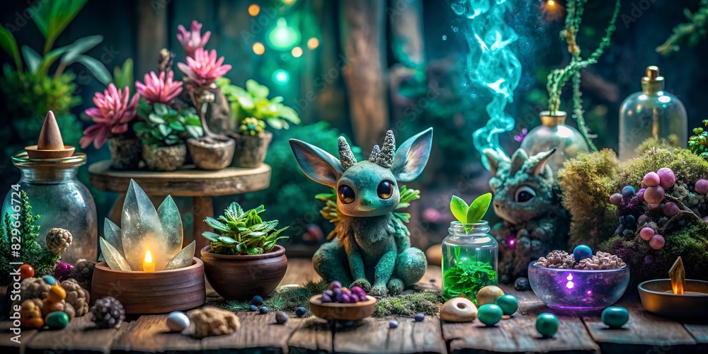 On a wooden table, there are various crystals, dry herbs, lavender candles, a magic table for a ritual, coziness, handmade toys, the nature of a candle, background, wallpaper for a magician