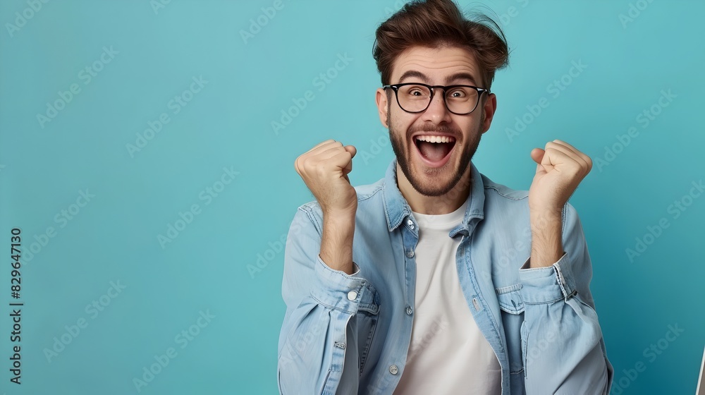 Enthusiastic Young Professional Celebrating Career Success at Desk Enthusiastic Young Professional Celebrating Career Success at Desk
