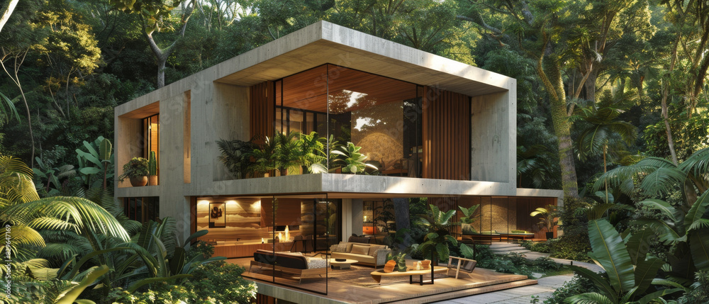 Explore a modern cubic house in serene environment with lush trees in realistic 3D rendering.