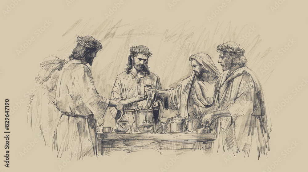 Obraz premium Biblical Illustration: Wedding Feast at Cana, Jesus Performs Miracle, Water to Wine, Guests Amazed, Beige Background, Copyspace