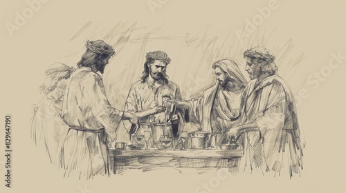 Biblical Illustration: Wedding Feast at Cana, Jesus Performs Miracle, Water to Wine, Guests Amazed, Beige Background, Copyspace