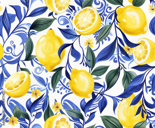 Seamless Pattern of Lemons with Santorini-Inspired Blue and White Tile,  Greece designs. Blue, white geometric patterns and floral motifs.for textiles, wallpapers, home decor. Mediterranean style.