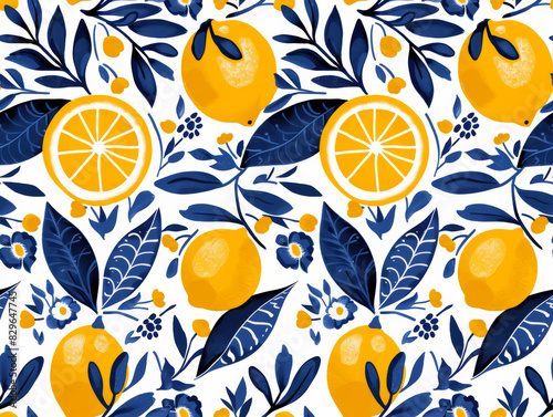 Seamless Pattern of Lemons with Santorini-Inspired Blue and White Tile   Greece designs. Blue  white geometric patterns and floral motifs.for textiles  wallpapers  home decor. Mediterranean style.