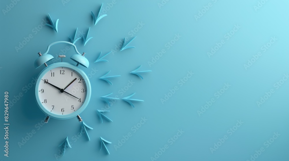 Blue alarm clock showing nearing seven with arrows indicating five Signifying the need to rise and prepare for school or work Ample space for text Blue alarm clock showing nearing seven with arrows indicating five Signifying the need to rise and prepare for school or work Ample space for text