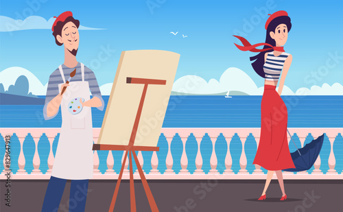 Painter girl promenade passing to italian painter