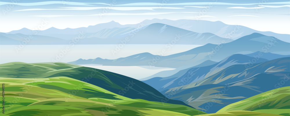 Fototapeta premium Beautiful hills on the shore. Stunning vector landscape of the bay with hills and meadows. Scandinavian landscape with an amazing panoramic view of nature. Valley on the ocean or seashore.