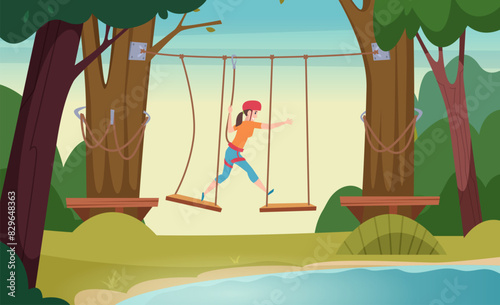 Rope bridge outdoor extreme sport activities for tourists people walking across wooden bridge on trees