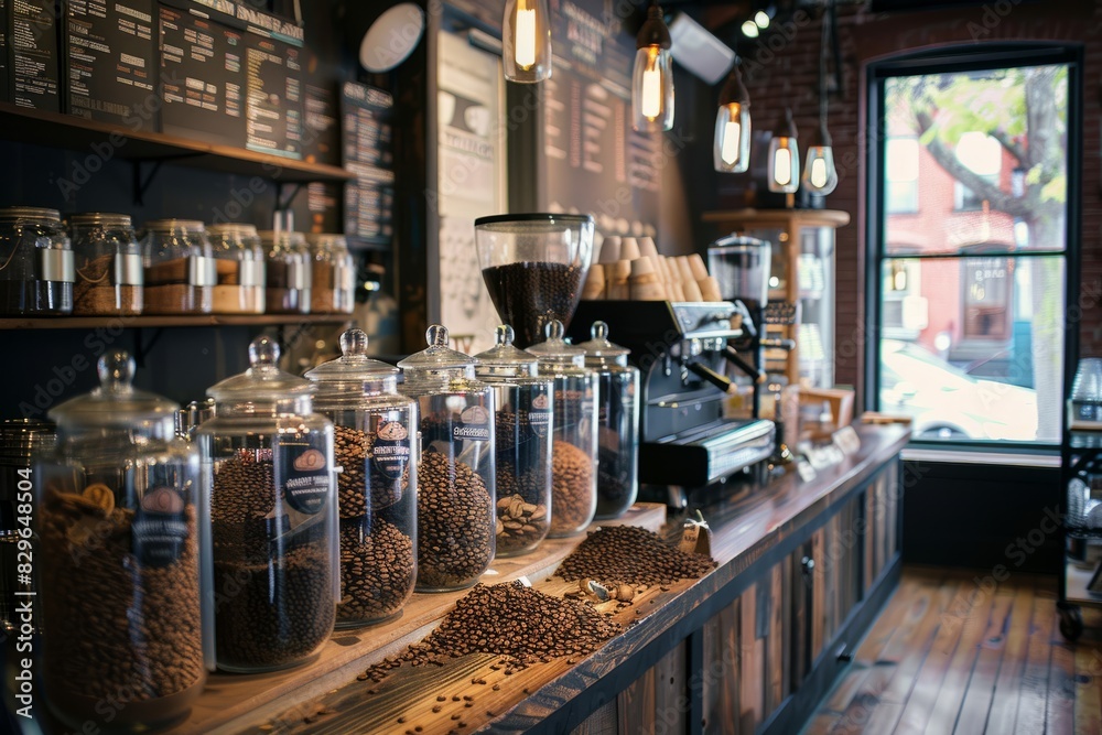 A bustling coffee shop showcasing a wide variety of coffee beans for brewing