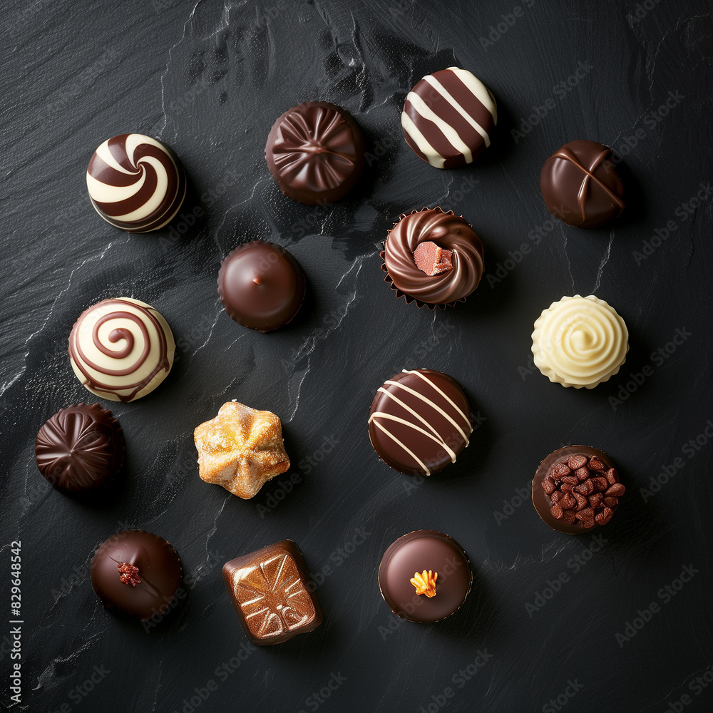 tasty chocolates praline on black stone table background, top view