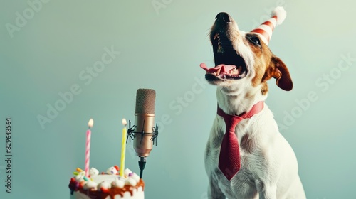 Celebratory Canine Crooner: A Dog in a Birthday Hat With a Microphone photo