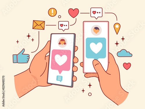 Online app dating. Hands hold smartphones with love icons, remote communication, social media, man and woman relations, romantic relationship, cartoon flat style isolated vector concept