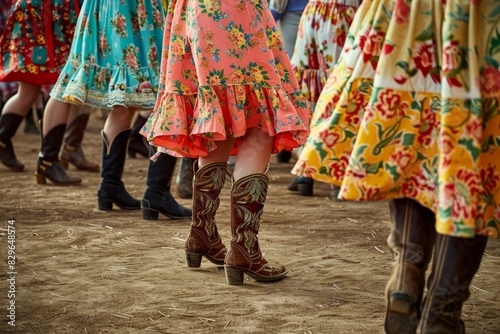 A group of women dressed in vibrant dresses and cowboy boots dancing energetically at a country hoedown
