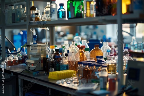 A busy lab filled with various colored liquids in numerous bottles on a cluttered bench