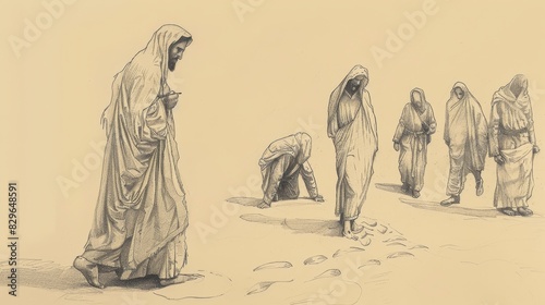 Biblical Illustration: Jesus and the Woman Caught in Adultery, Writing in Sand, Accusers Leave, Beige Background, Copyspace photo