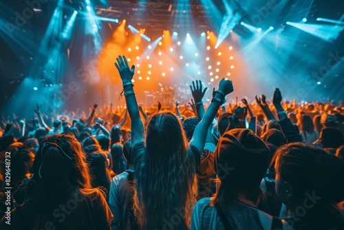 A lively crowd of people with their hands raised in excitement, enjoying a concert in an indoor arena filled with music © Ilia Nesolenyi