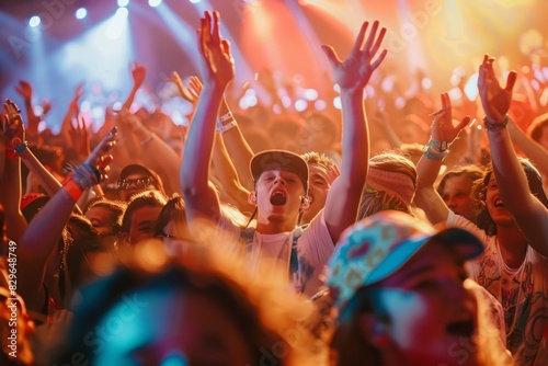 A vibrant crowd of people at a concert, with their hands raised in excitement, cheering and dancing to live music in an indoor arena