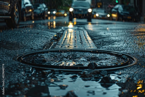 A manhole cover in the rain on a city street, water flowing down the pavement from the storm drain photo