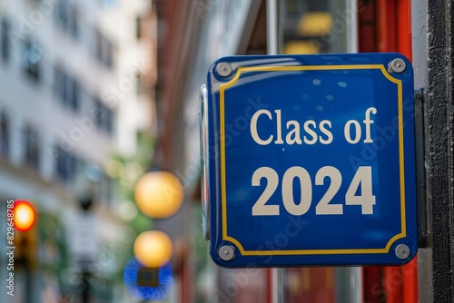 A blue and yellow sign with the text Class of 2024 displayed prominently
