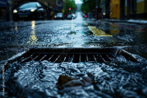 A wet city street with a storm drain grate in the middle releasing water onto the pavement