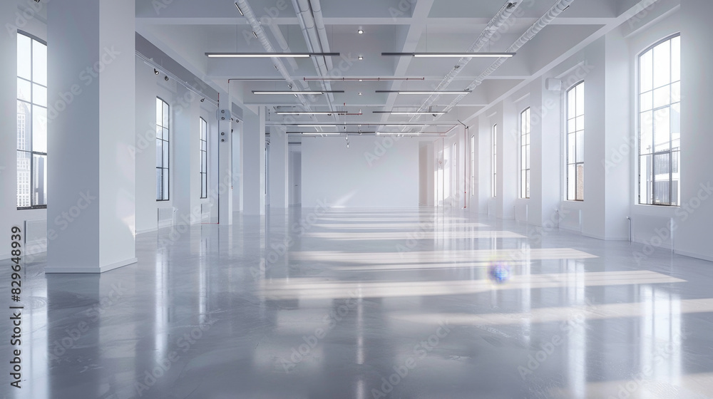 Fototapeta premium Spacious showroom with white walls and polished floors, ideal for display.