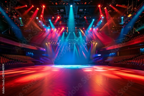 A stage brightly lit with red and blue lights in an empty concert venue