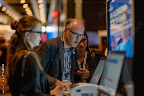 A man and a woman engaged with a laptop at a tech conference demonstration booth, discussing and networking
