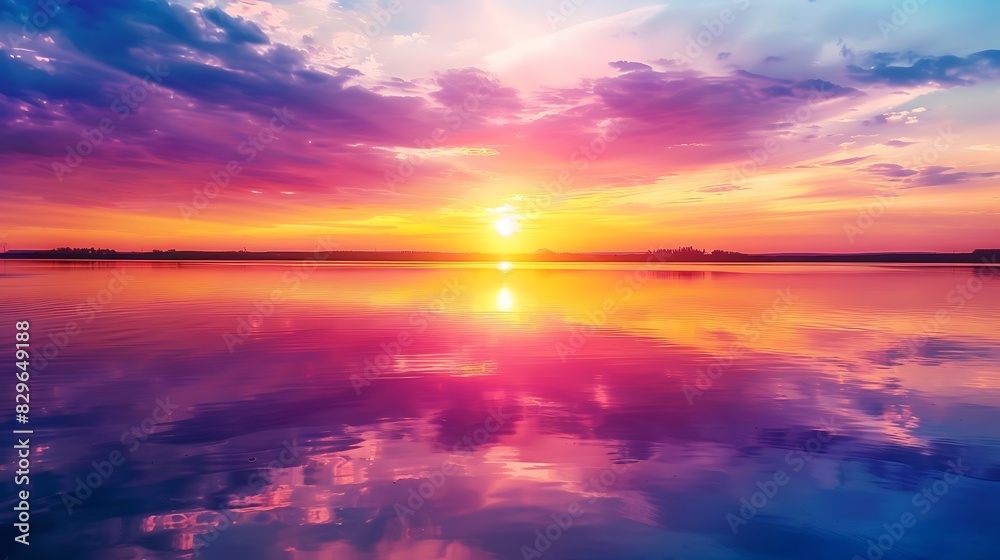 Amazing sunset over calm lake. Pink, blue and yellow colors of sky and their reflection on water surface.