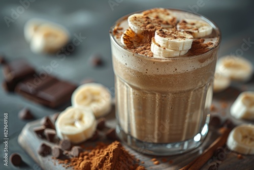Chocolate Banana Smoothie - Light brown with a dusting of cocoa powder and banana slices. 