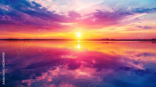 Amazing sunset over calm lake. Pink  blue and yellow colors of sky and their reflection on water surface.