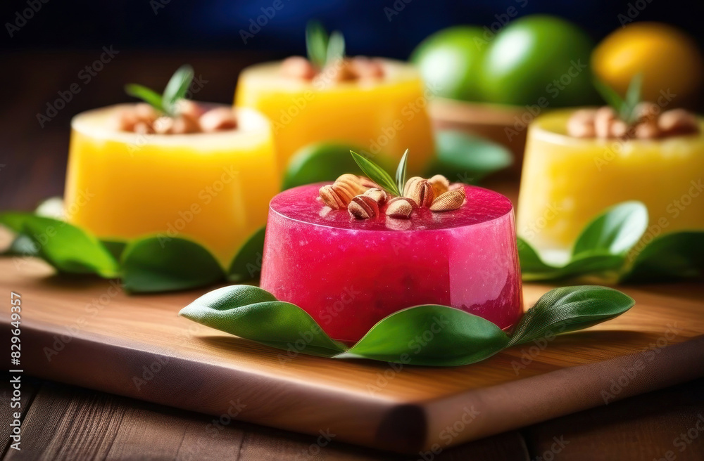 Bright and enticing dessert jellies adorned with nuts and fresh leaves Bright and enticing dessert jellies adorned with nuts and fresh leaves