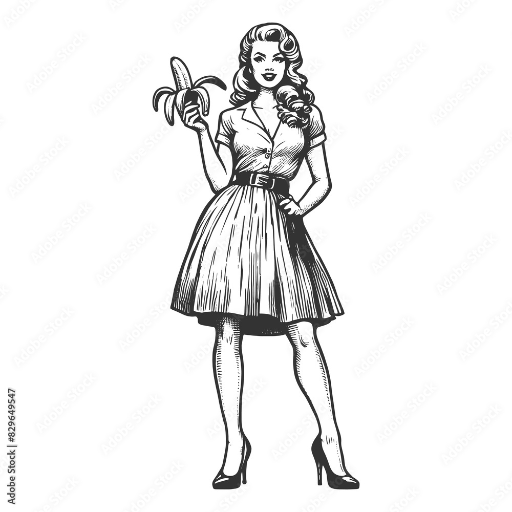 pin-up girl playfully peeling a banana, capturing a cheeky and fun 1950s vibe sketch engraving generative ai fictional character raster illustration. Scratch board imitation. Black and white image. pin-up girl playfully peeling a banana, capturing a cheeky and fun 1950s vibe sketch engraving generative ai fictional character raster illustration. Scratch board imitation. Black and white image.