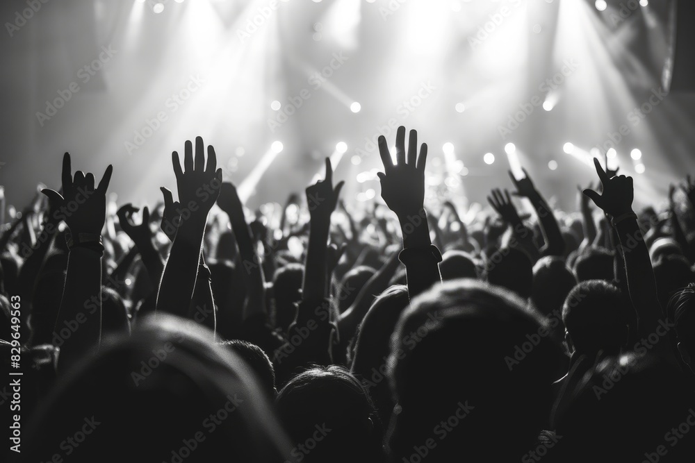 A lively crowd of people with raised hands, enjoying a concert and live music