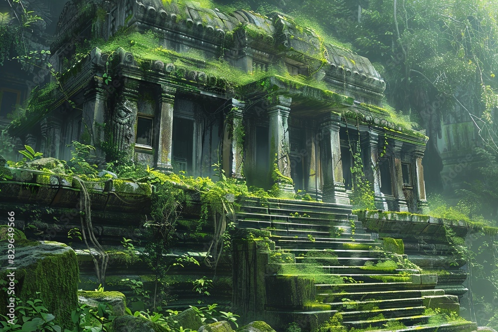 Ancient ruined temple in the forest Overgrown and with moss, style icon