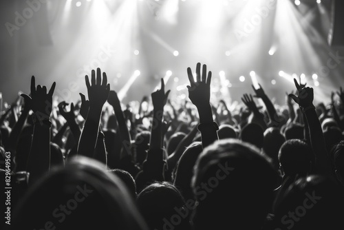 A lively crowd of people with raised hands  enjoying a concert and live music