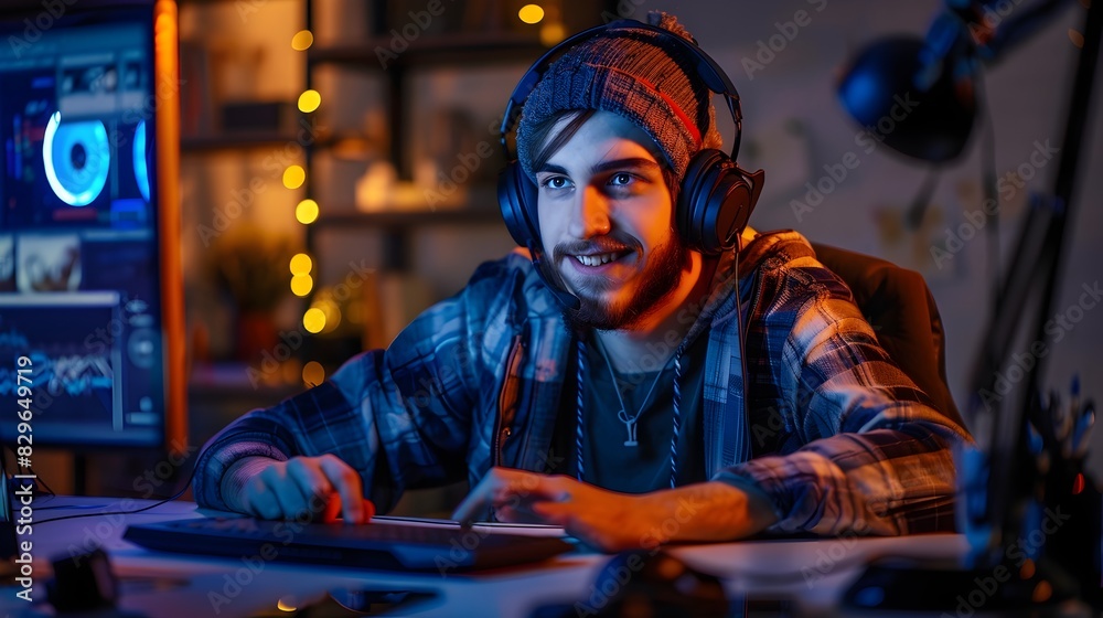 Happy Young Professional Enjoys Productive Evening in Cozy Digital Workspace