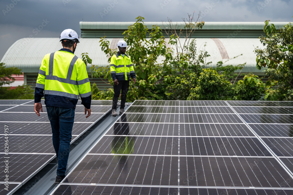 Two diversity solar engineer men working together with solar panels on rooftop Two diversity solar engineer men working together with solar panels on rooftop