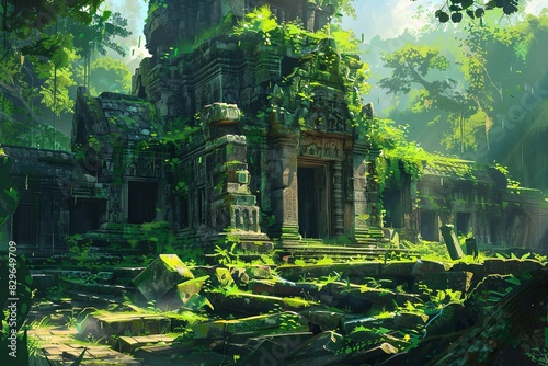 Ancient ruined temple in the forest Overgrown and with moss, style icon © EnelEva