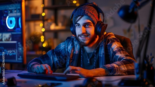 Happy Young Professional Enjoys Productive Evening in Cozy Digital Workspace