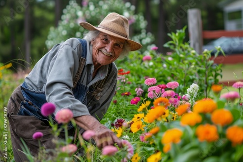 A man wearing a hat is picking flowers in a garden surrounded by greenery