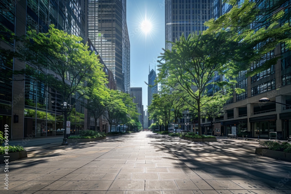 A city street with tall buildings and trees lining the sidewalk, creating a green refuge in the urban landscape