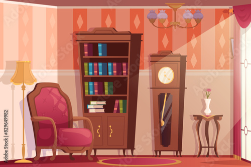 Luxury interior indoor vintage living room with bookshelves and armchair