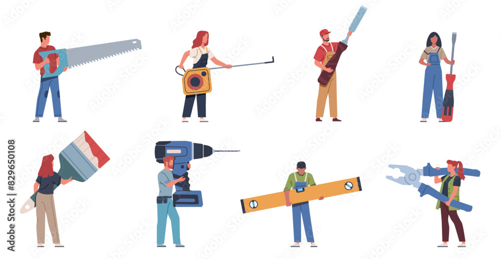 Cartoon tiny craftsmen characters. Repairman in work clothes, men and women with large professional construction tools, drill screwdriver and saw in hands, nowaday vector isolated set