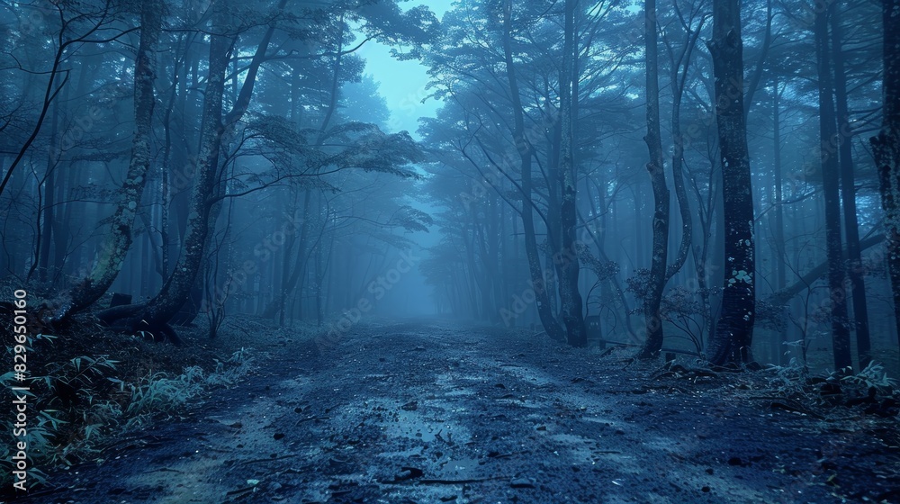 Fototapeta premium A mysterious and eerie blue-toned forest path covered in fog, creating a spooky atmosphere