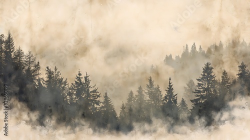 Misty forest landscape with pine trees in fog.