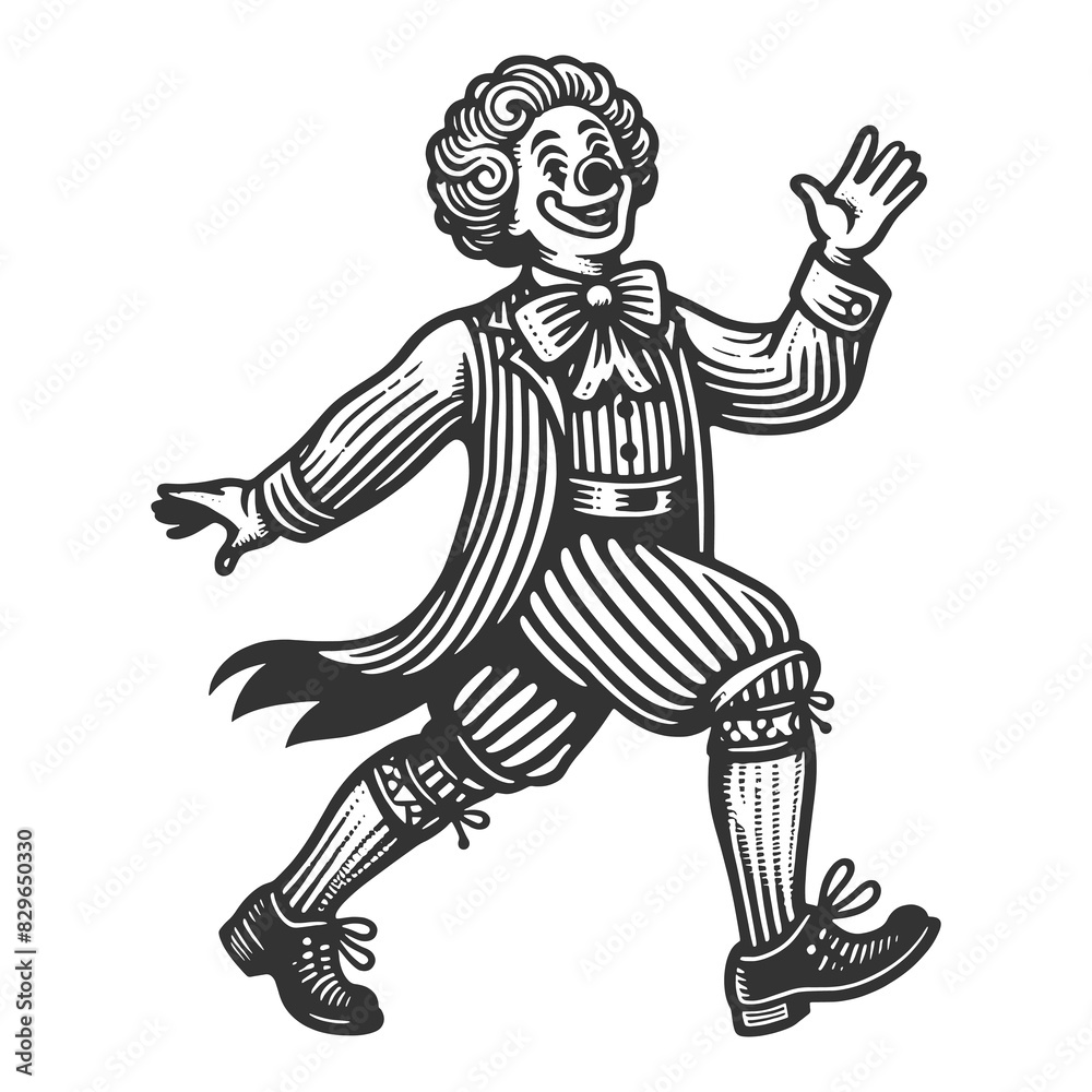 circus clown with an inviting gesture, comedic expression sketch engraving generative ai fictional character raster illustration. Scratch board imitation. Black and white image.