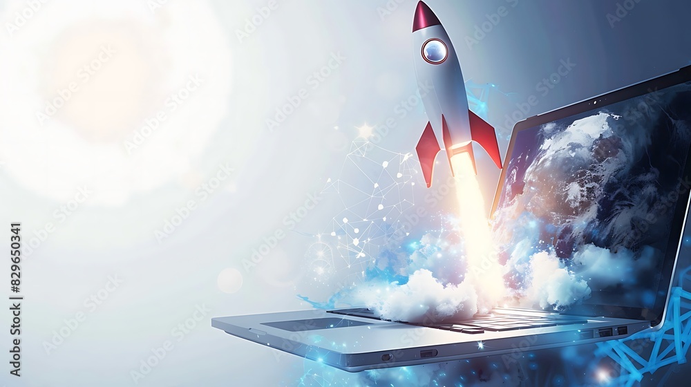 custom made wallpaper toronto digitalRocket launching from laptop. Concept of startup, new business project or e-commerce. 3d rendering.