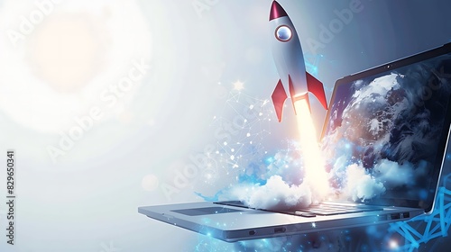 Rocket launching from laptop. Concept of startup, new business project or e-commerce. 3d rendering.