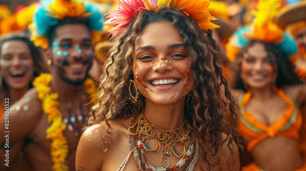 A smiling woman adorned with a festive headpiece celebrates at a vibrant carnival, surrounded by joyous people A smiling woman adorned with a festive headpiece celebrates at a vibrant carnival, surrounded by joyous people